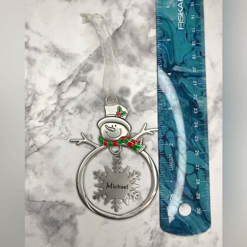 Snowman Christmas Ornament Silver Metal With Snowflake That Says Michael